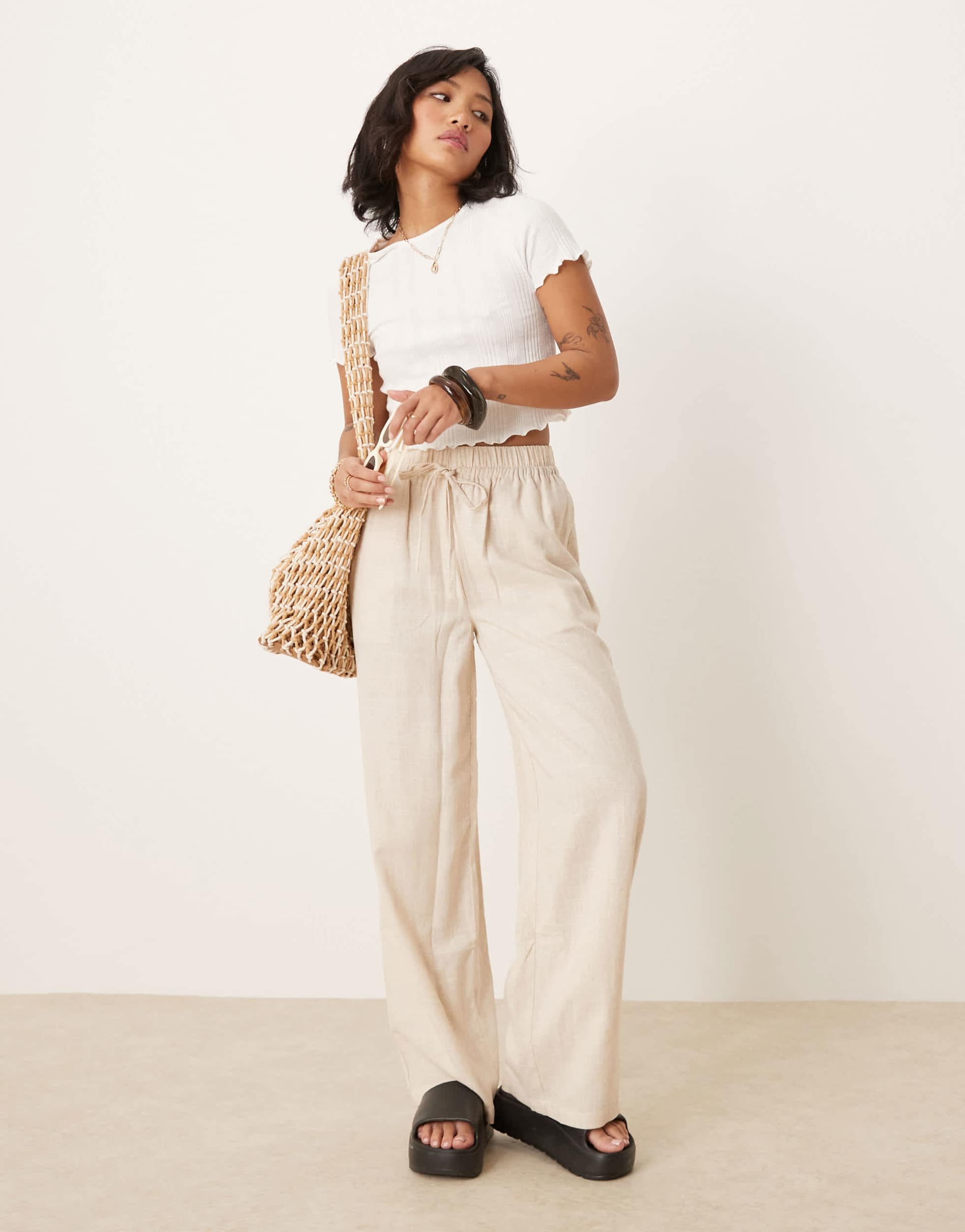 asos design petite pull-on pants with linen in stone