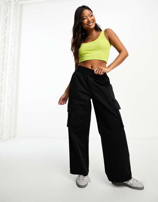 ASOS DESIGN Petite parachute cargo pants in black