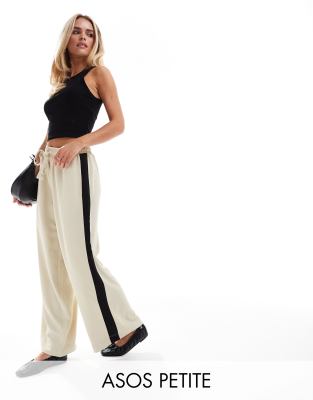 ASOS Petite ASOS DESIGN Petite pull on trousers with contrast panel in sand-Neutral