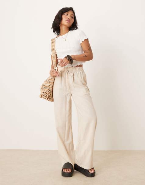 ASOS DESIGN Petite pull on trousers with linen in stone - view 1