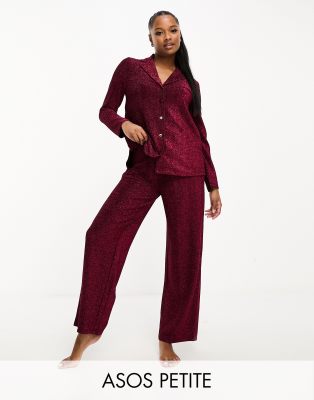 ASOS DESIGN Petite glitter shirt & trouser pyjama set in pink - ASOS Price Checker