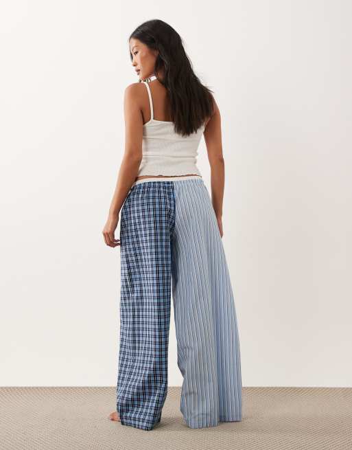 ASOS DESIGN Petite – Pyjamahose aus Webstoff mit geteiltem Design in Blau gestreift und mit Karomuster, 4 von 4