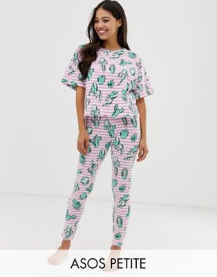 ASOS DESIGN Petite - Pyjamaset van gestreepte legging met cactusprint-Multi