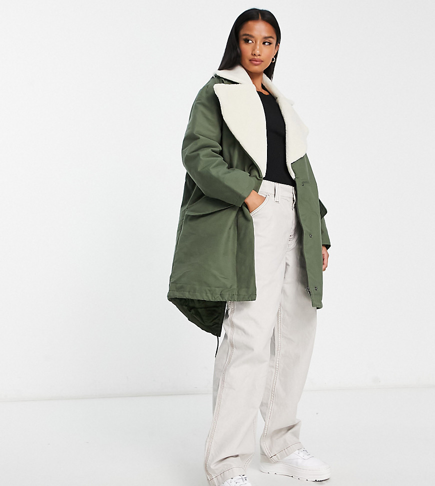 ASOS DESIGN Petite quilt lined parka coat with borg collar in olive-Green