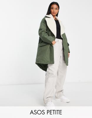 ASOS DESIGN Petite quilt lined parka coat with sherpa collar in olive-Green