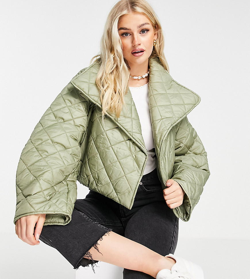ASOS DESIGN Petite quilted cropped jacket in khaki-Green