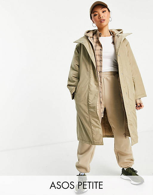 ASOS DESIGN Petite quilted double layer parka coat in stone | ASOS