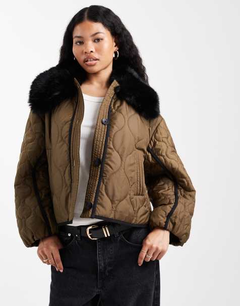 ASOS DESIGN Petite quilted hybrid borg collarless jacket in khaki - view 1