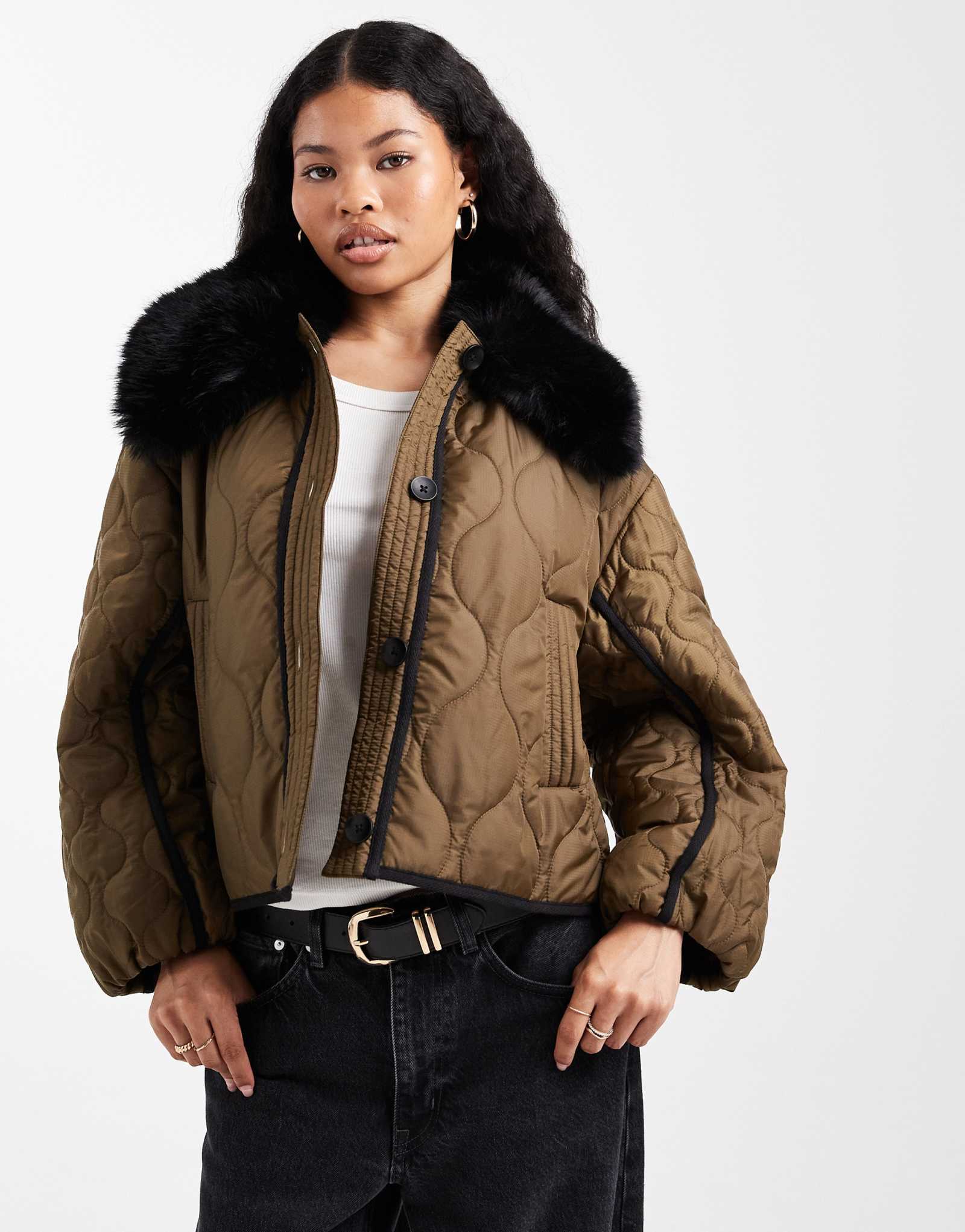 Миниатюрная стеганая куртка hybrid borg без воротника от ASOS DESIGN цвета хаки