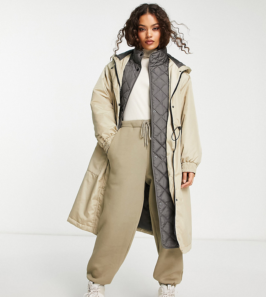 ASOS DESIGN Petite quilted hybrid parka coat in stone-Neutral