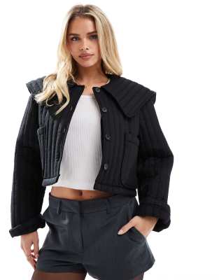 ASOS DESIGN Petite quilted jacket with collar in black