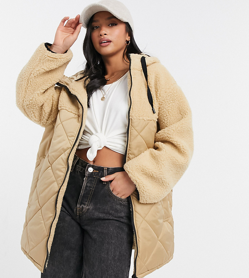 ASOS DESIGN Petite quilted jacket with sherpa panels in camel-Neutral