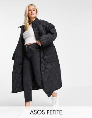 ASOS DESIGN Petite quilted longline hooded puffer jacket in black ASOS