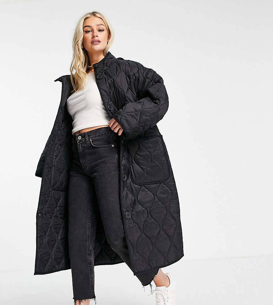 ASOS DESIGN Petite quilted longline hooded puffer jacket in black