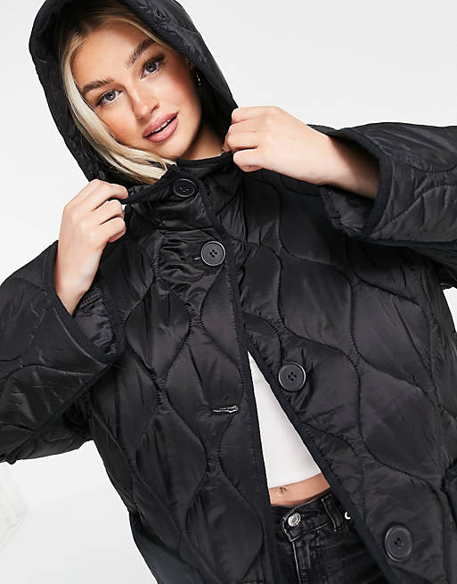Womens Clothing Jackets Padded and down jackets ASOS Synthetic Asos Design Petite Quilted Longline Hooded Puffer Jacket in Black 
