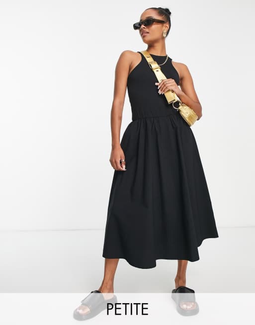ASOS DESIGN Petite racer front drop waist poplin mix midi dress in black