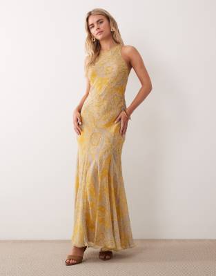 ASOS DESIGN Petite racer neck bias maxi dress with godet hem in paisley