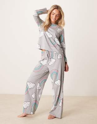 Asos Petite Asos Design Petite Rainbow Long Sleeve Top & Pants Pajama Set In Gray