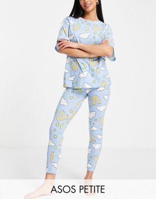 ASOS DESIGN Petite rainbows tee & legging pyjama set in blue