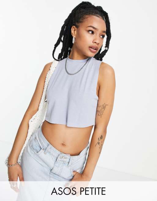 ASOS DESIGN Petite raw edge fine knit crop tank top in smokey blue