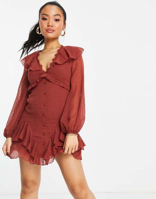 ASOS DESIGN Petite – Rdzawa siateczkowa sukienka mini w kropki, z zapięciem na guziki i koronkowym wykończeniem