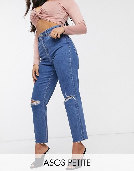 ASOS DESIGN Petite Farleigh high waist slim mom jeans in dark wash with busted knees - MBLUE