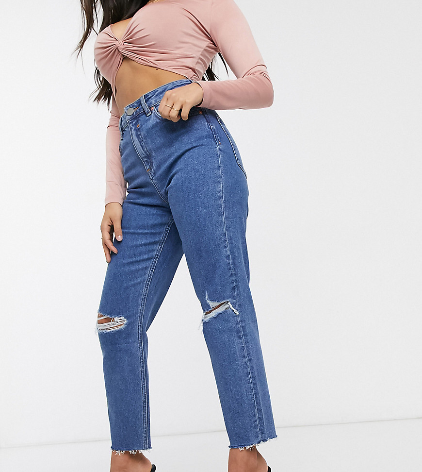Product photo of Asos design petite recycled farleigh high waist slim mom jeans in dark wash with busted knees - blue