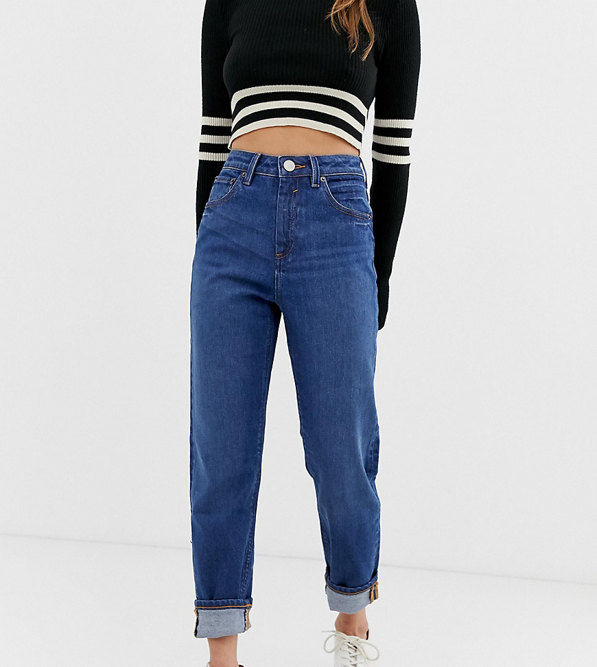 ASOS DESIGN Petite - Recycled Farleigh - Smalle mom jeans met hoge taille en dark wash-Blauw