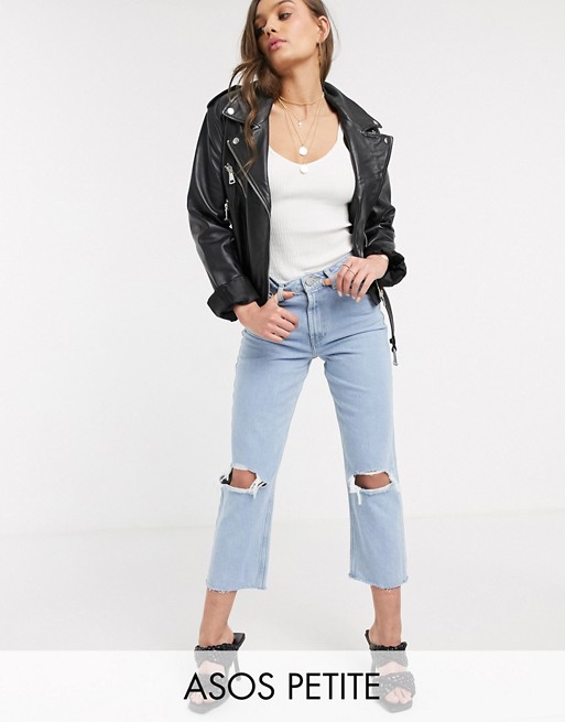 ASOS DESIGN Petite Recycled Florence authentic straight leg jeans in bright lightwash blue with rips and raw hem