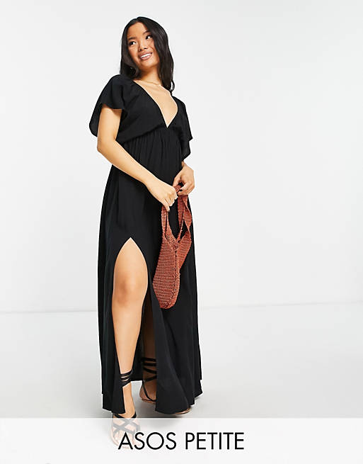  Petite recycled flutter sleeve maxi beach dress in black 