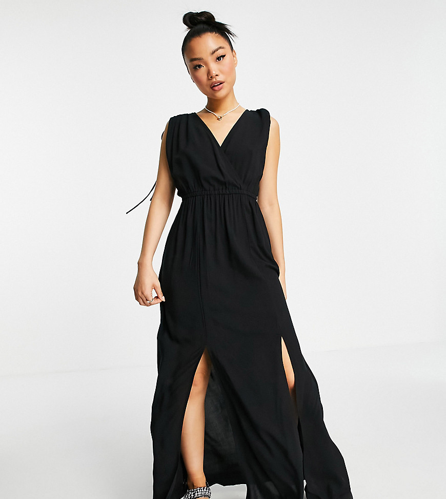 ASOS DESIGN Petite recycled gathered detail maxi beach dress in black