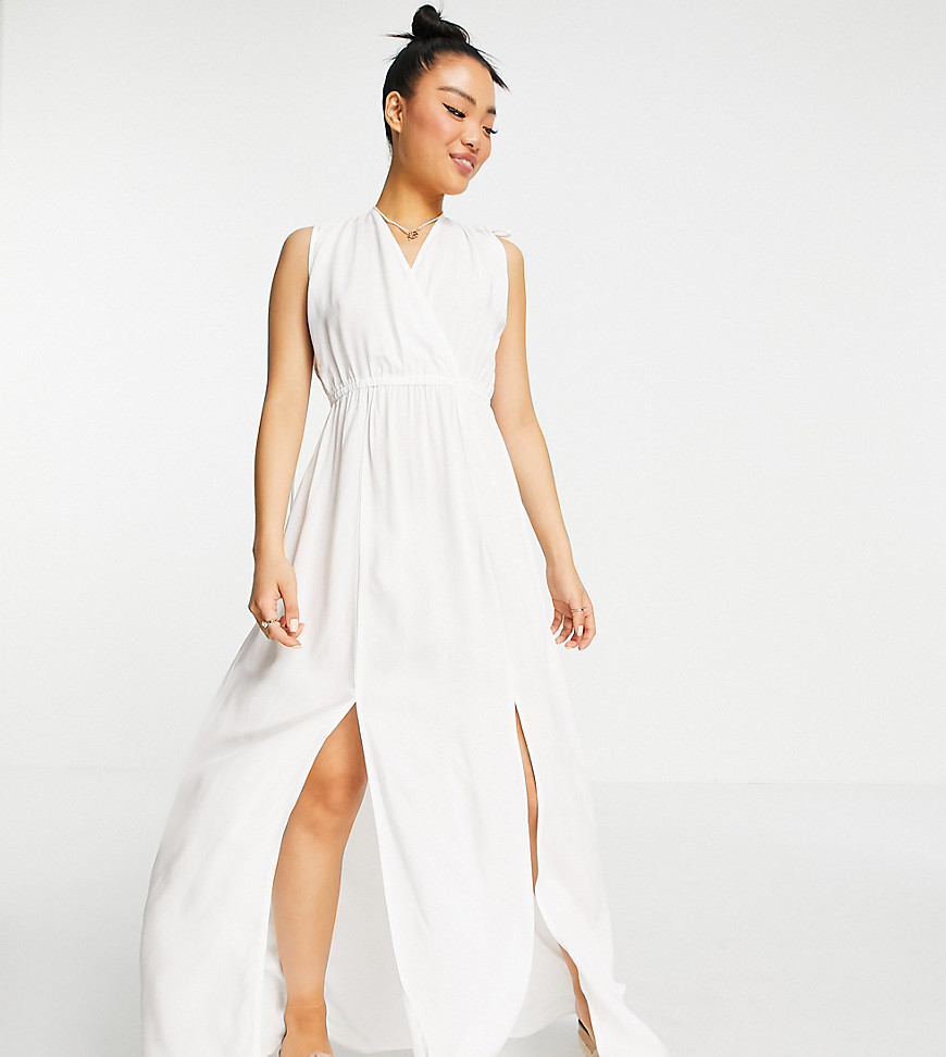 ASOS DESIGN Petite recycled gathered detail maxi beach dress in white