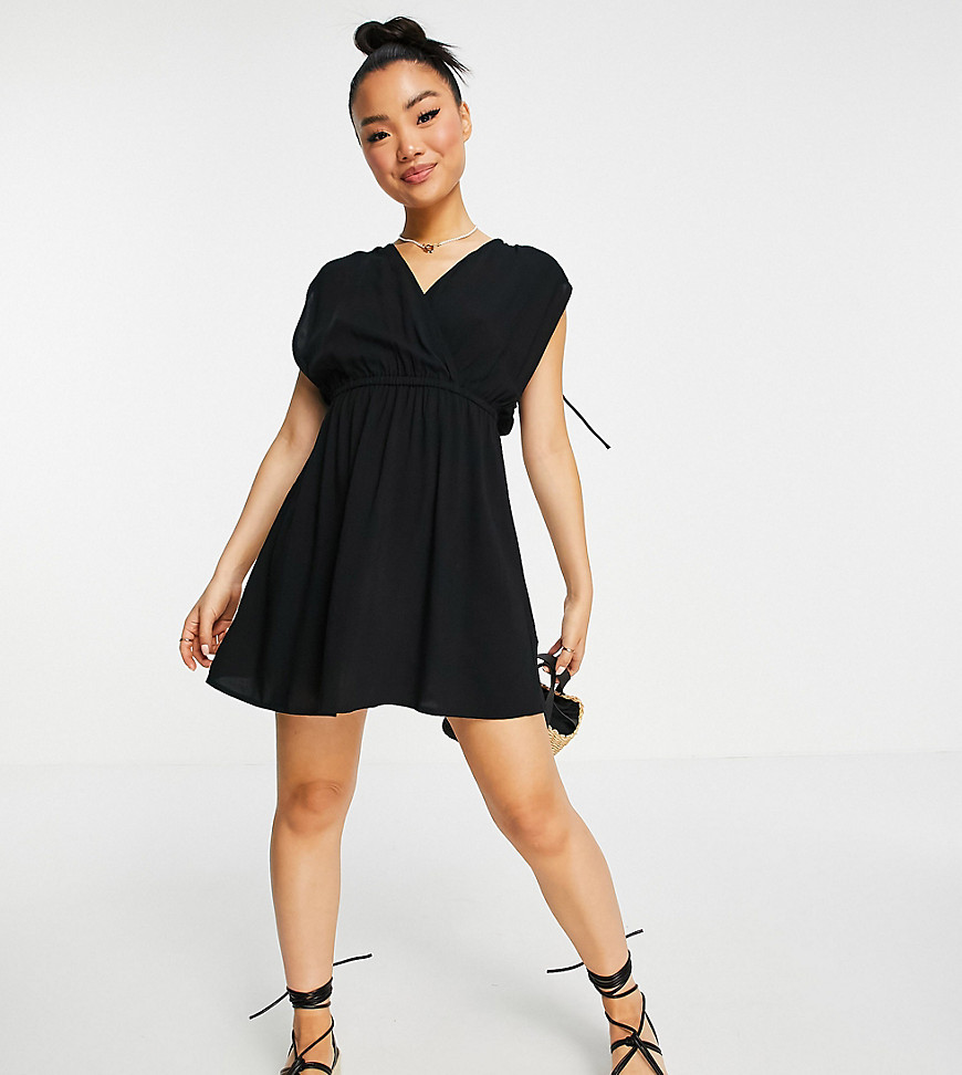 ASOS DESIGN Petite recycled gathered detail mini beach dress in black