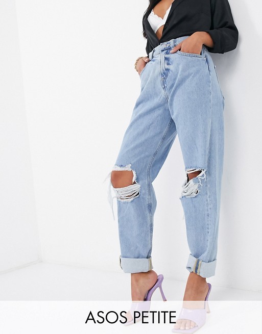 ASOS DESIGN Petite high rise 'slouchy' mom jeans in lightwash with rips