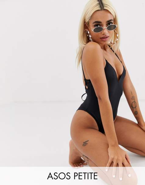 ASOS DESIGN Petite recycled key hole channel back swimsuit in black