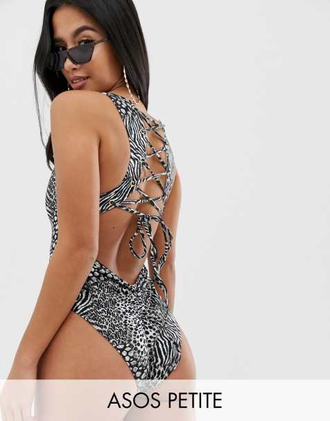 ASOS DESIGN Petite recycled lace up back swimsuit in mono animal