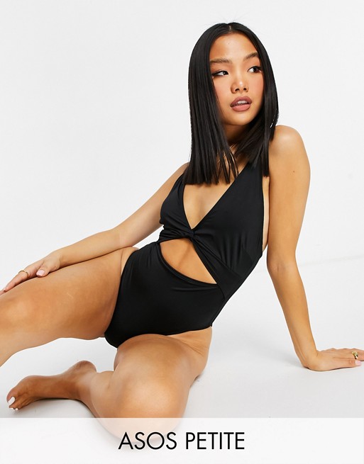 ASOS DESIGN petite recycled loop front swimsuit with knot in black