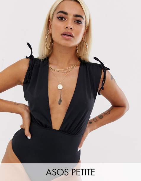 ASOS DESIGN Petite recycled ruched shoulder plunge swimsuit in black