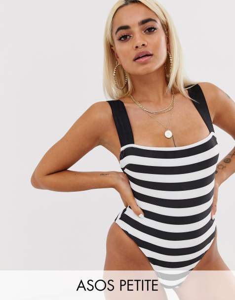 ASOS DESIGN Petite recycled square neck swimsuit in mono stripe print