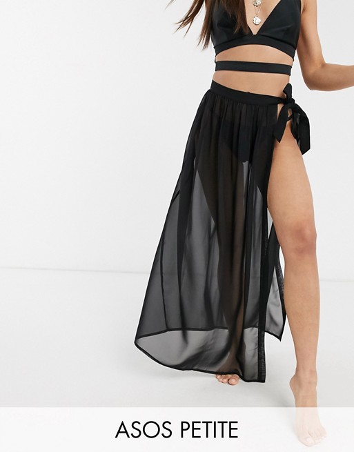 ASOS DESIGN petite recycled tie side maxi chiffon beach sarong in black