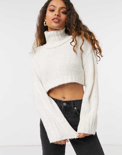 ASOS DESIGN Petite relaxed crop sweater with high neck in cream