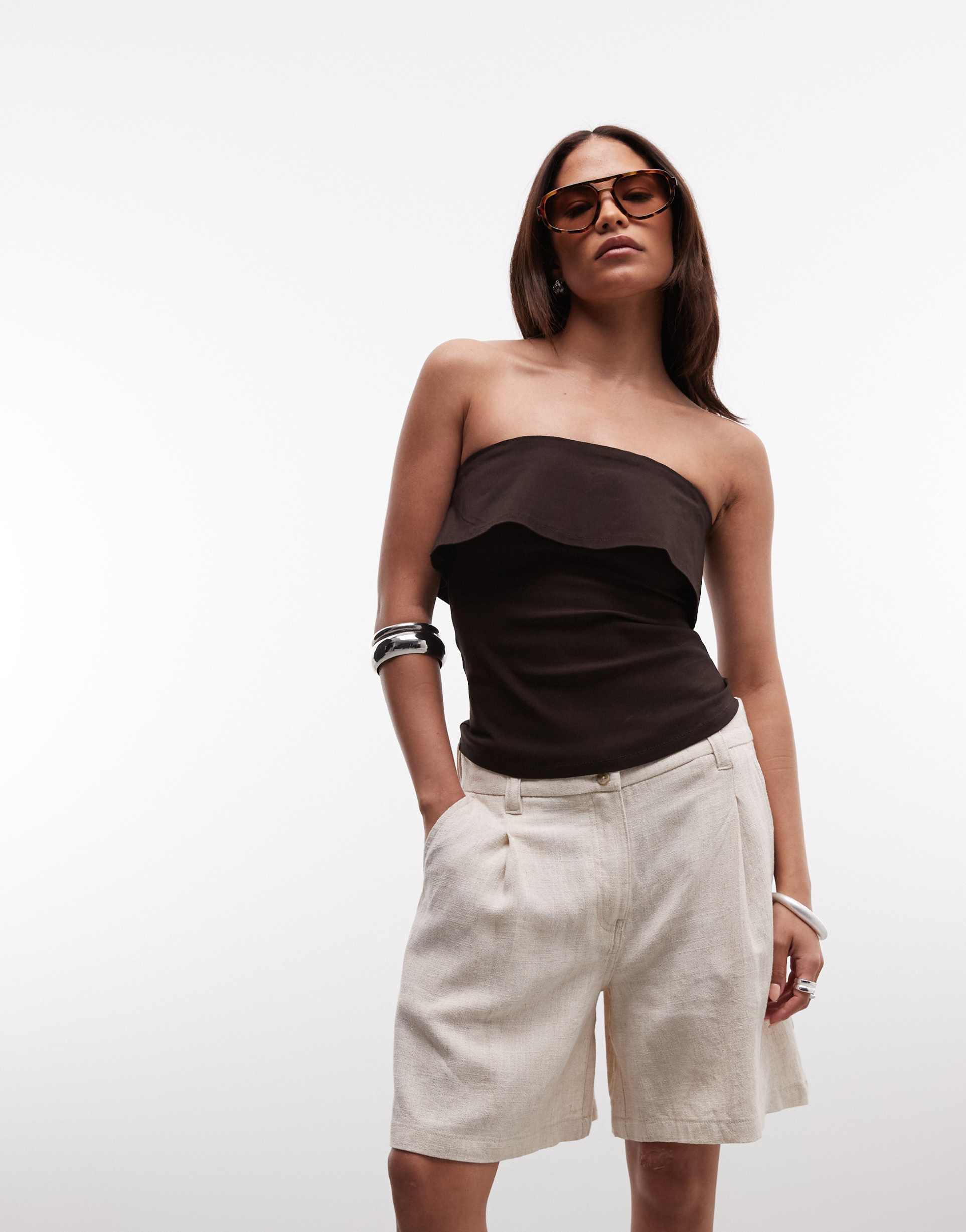 asos design petite relaxed dad shorts with linen in natural