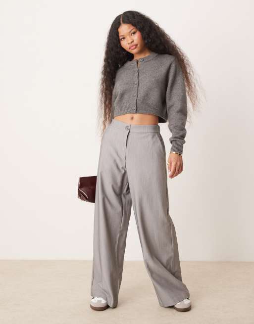 Asos Stradivarius Petite wide leg relaxed dad pants in gray, ASOS