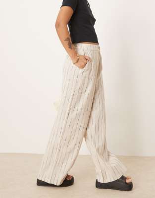 ASOS DESIGN Petite relaxed straight leg linen blend pants in natural squiggle stripe