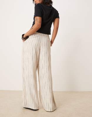 ASOS DESIGN Petite relaxed straight leg linen blend pants in natural squiggle stripe