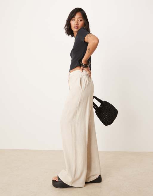 ASOS DESIGN Petite relaxed straight leg trousers with linen in natural