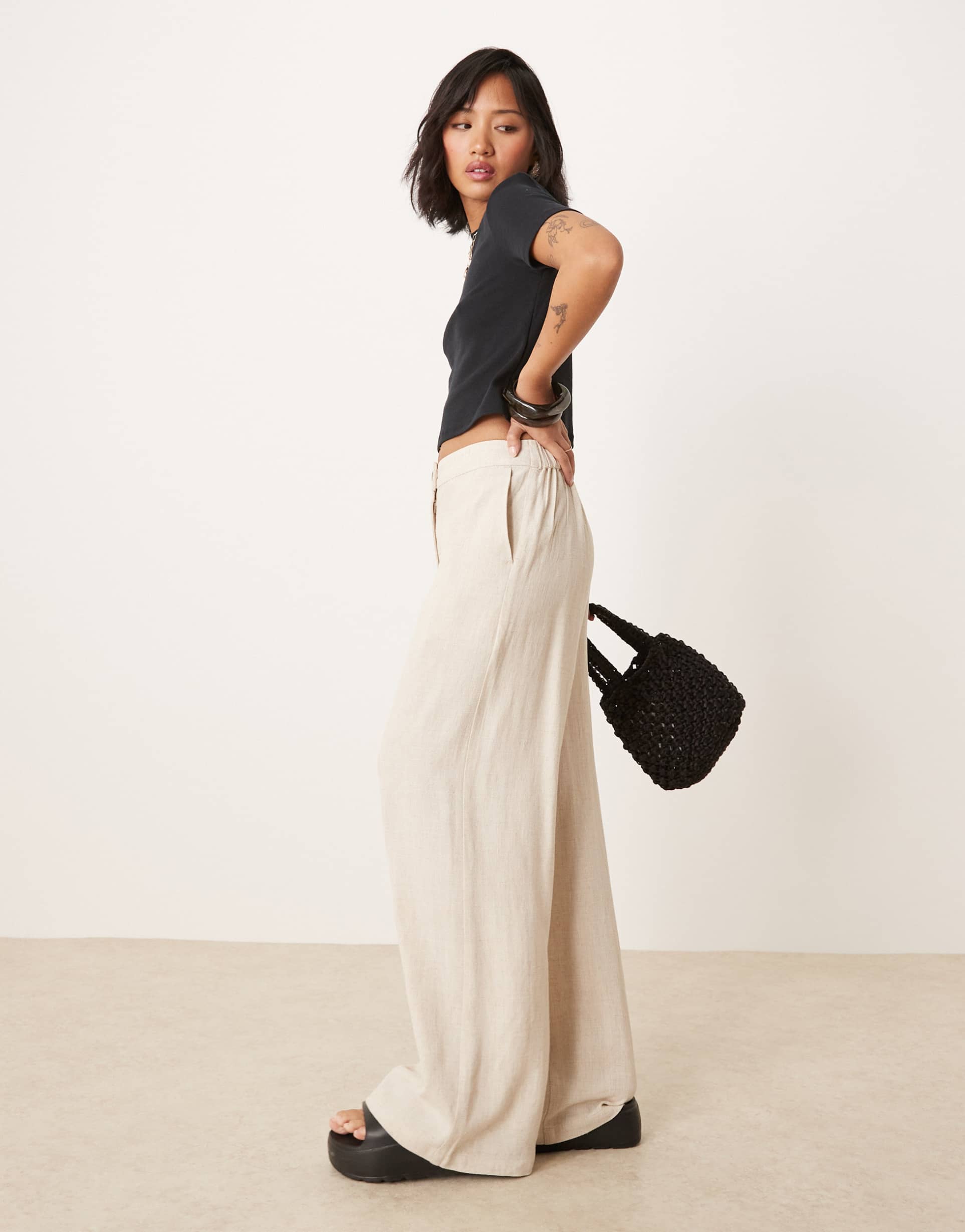 asos design petite relaxed straight leg linen blend pants in natural