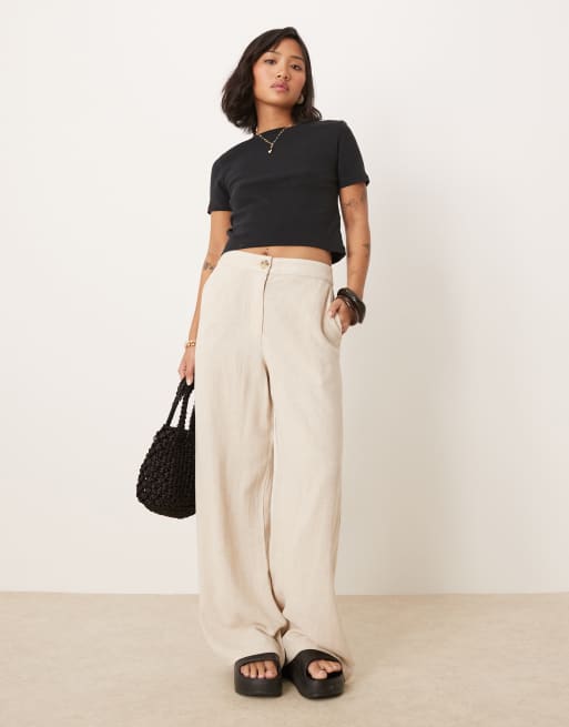 ASOS DESIGN Petite relaxed straight leg linen blend pants in natural, 3 of 5