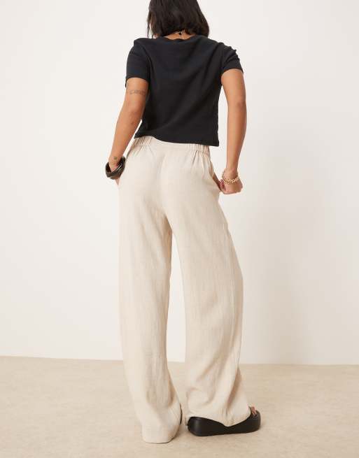 ASOS DESIGN Petite relaxed straight leg trousers with linen in natural