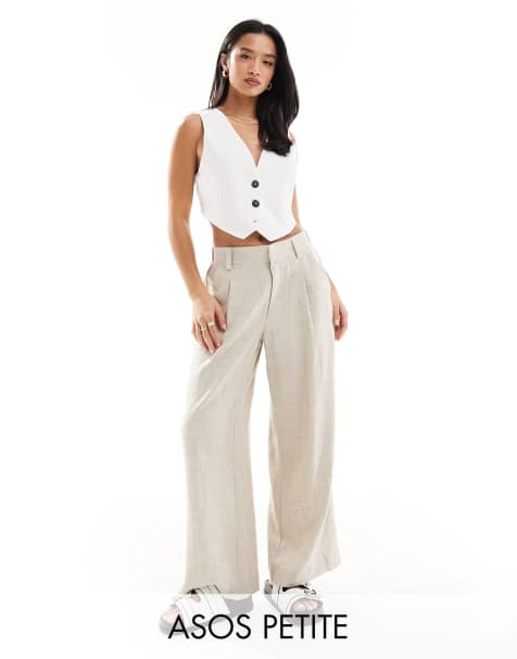 ASOS DESIGN Petite relaxed straight leg linen blend pants in natural - view 1
